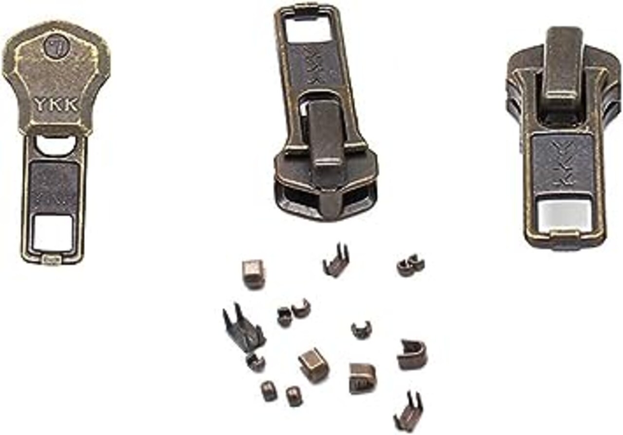 Zipper Repair Kit - #7 YKK Antique Brass Auto Lock Sliders - 3 Sliders Per Pack with Top & Bottom Stoppers Included - Made in The United States